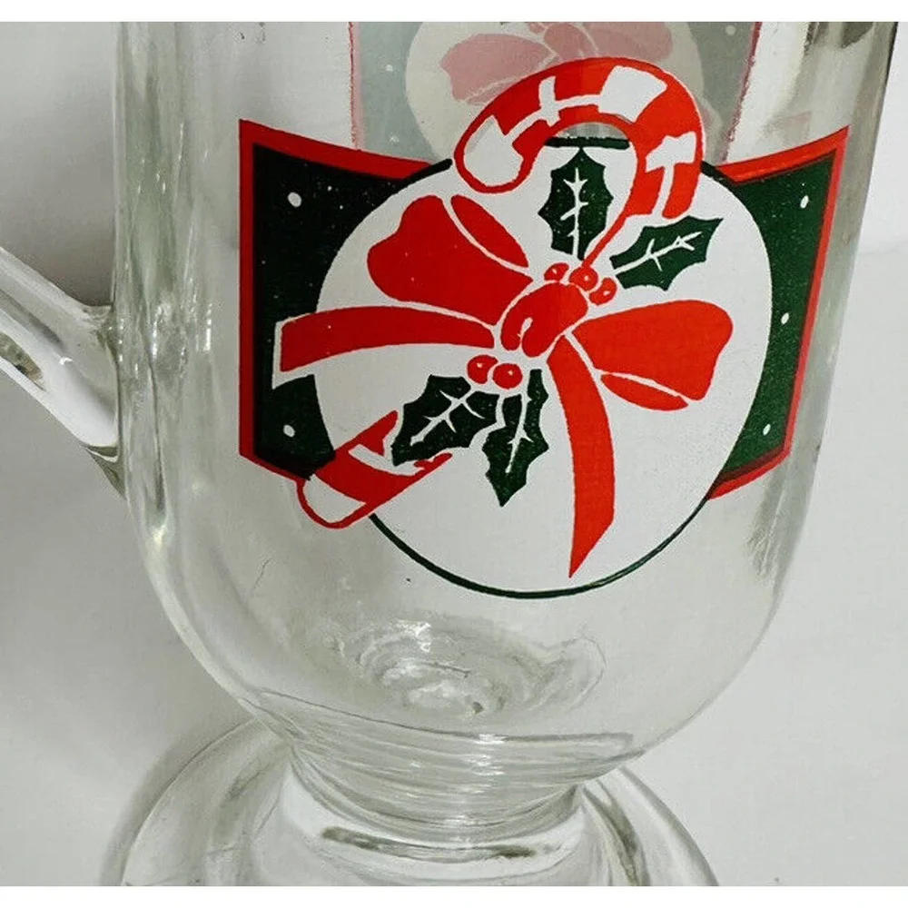 Christmas Mugs Set 4 HOMCO Boxed Clear Glass Footed‎ Candy Cane 8770-BD USA Made